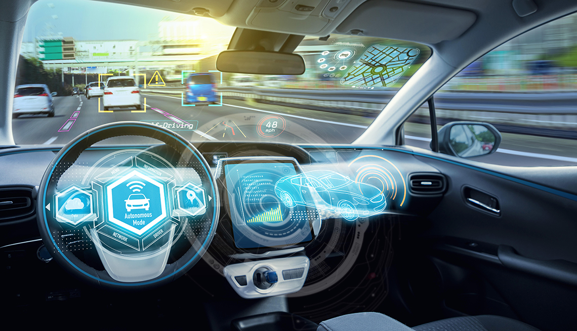 Empty Cockpit Of Autonomous Car, Hud(head Up Display) And Digital Speedometer. Self Driving Vehicle.